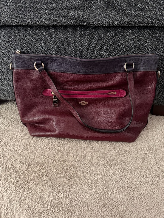 Coach Tyler Colorblock Pebbled Leather Tote in burgundy and purple - Picture 2 of 14